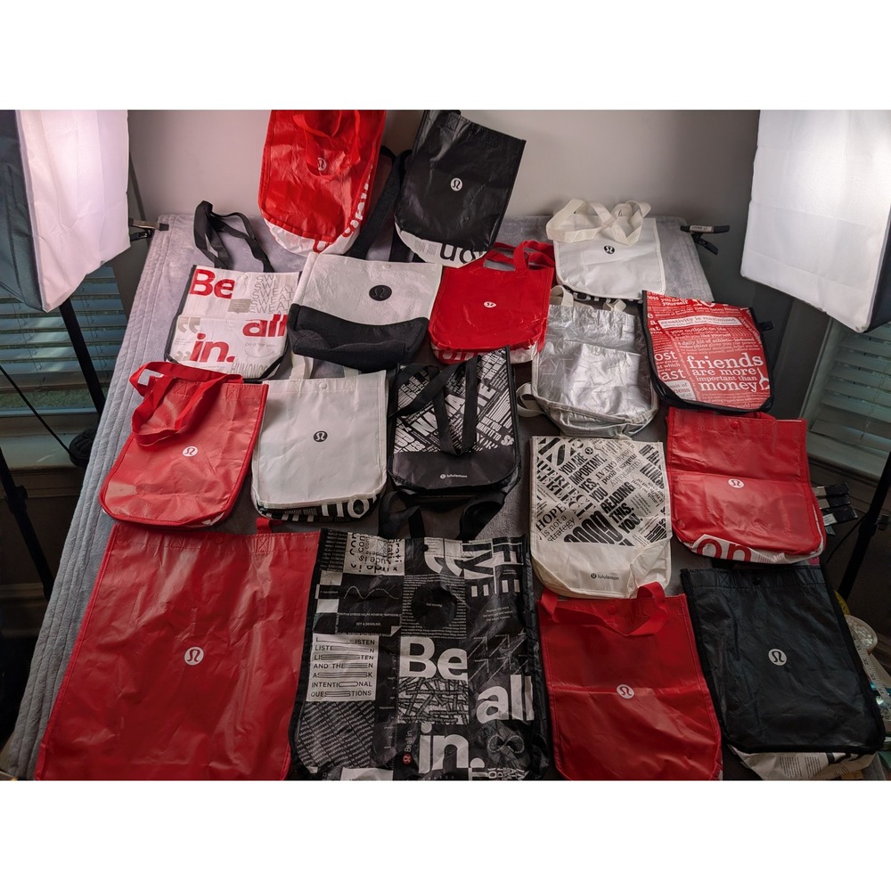 Lululemon Reusable Shopping Tote Bag Lot of 17 Red Black White Silver Mixed Size